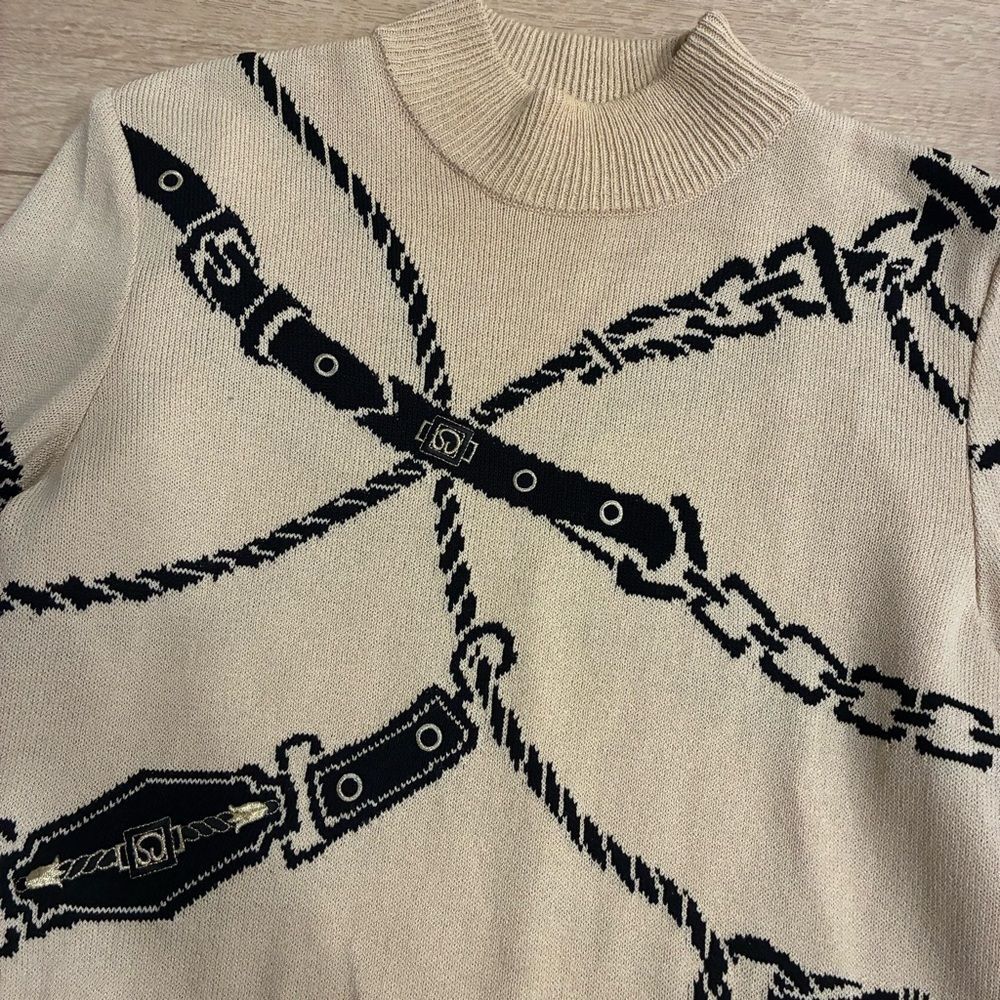 St. John Collection Bit & Bridle Equestrian Mock Neck Cream Sweater Size P/XS